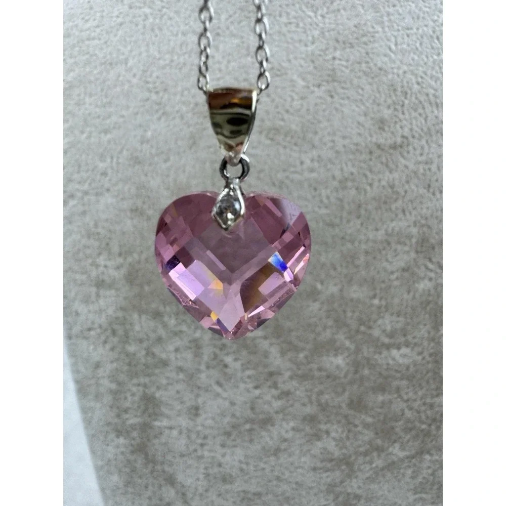 VTG Sterling Silver‎ Faceted Pink Crystal Heart Pendant Necklace 18